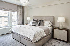 Custom upholstered Jefferson bed shown cool toned grey master bedroom on the Upper East Side. Upholstery: Bespoke By Luigi Gentile. Interiors: Gale Sitomer Design. Photography: Alex Kroke