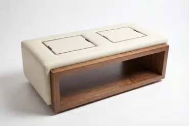 Luxury ottoman table with open wood shelf and removable trays. Custom dimensions, finishes, upholstery, and C.O.M. options available.