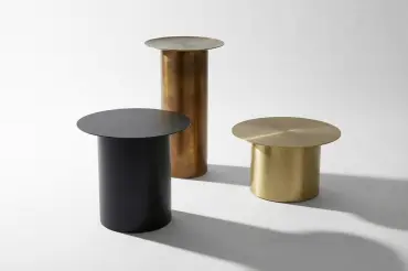 Foundry Cylinder Collection includes tall side, medium occasional, and low coffee tables in custom metal finishes and bespoke sizes.