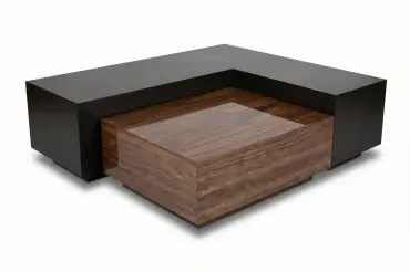 Isometric Cocktail Table features contrasting oak and walnut volumes with customizable sizing and finishes for bold, contemporary interiors.