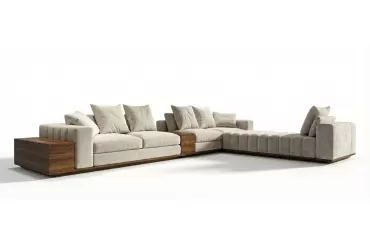 The Quogue Sectional blends Italian style with walnut accents, modular seating, and customizable fabrics for a refined living space.