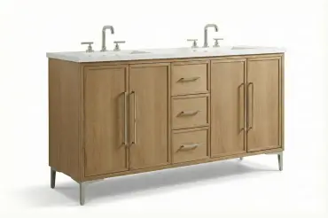 Sophisticated rovere wood double vanity with tapered metal legs, central drawers, and custom dimensions for a tailored bath design.